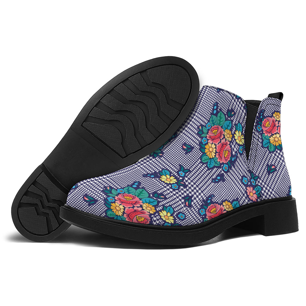 Blue And White Floral Glen Plaid Print Flat Ankle Boots