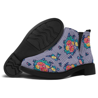 Blue And White Floral Glen Plaid Print Flat Ankle Boots