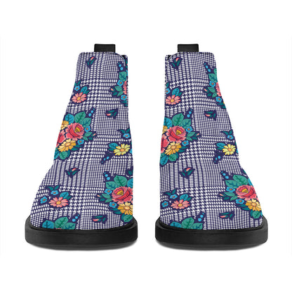 Blue And White Floral Glen Plaid Print Flat Ankle Boots