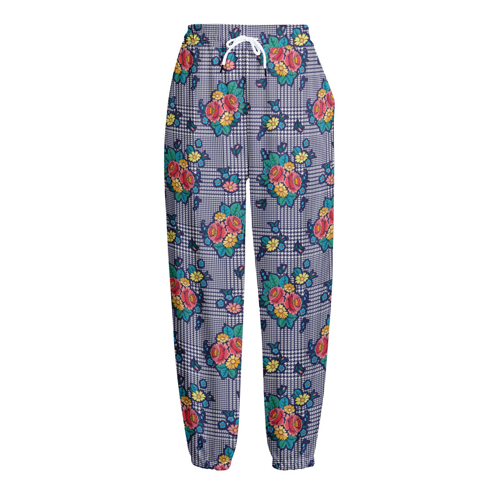 Blue And White Floral Glen Plaid Print Fleece Lined Knit Pants