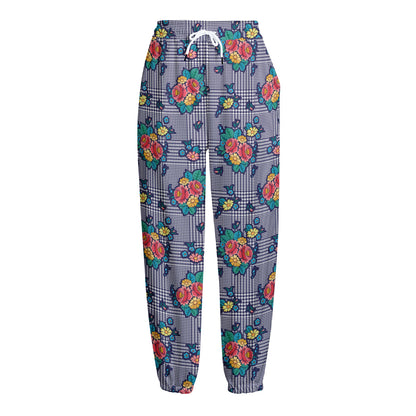Blue And White Floral Glen Plaid Print Fleece Lined Knit Pants