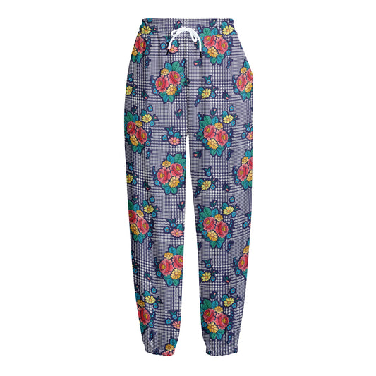 Blue And White Floral Glen Plaid Print Fleece Lined Knit Pants
