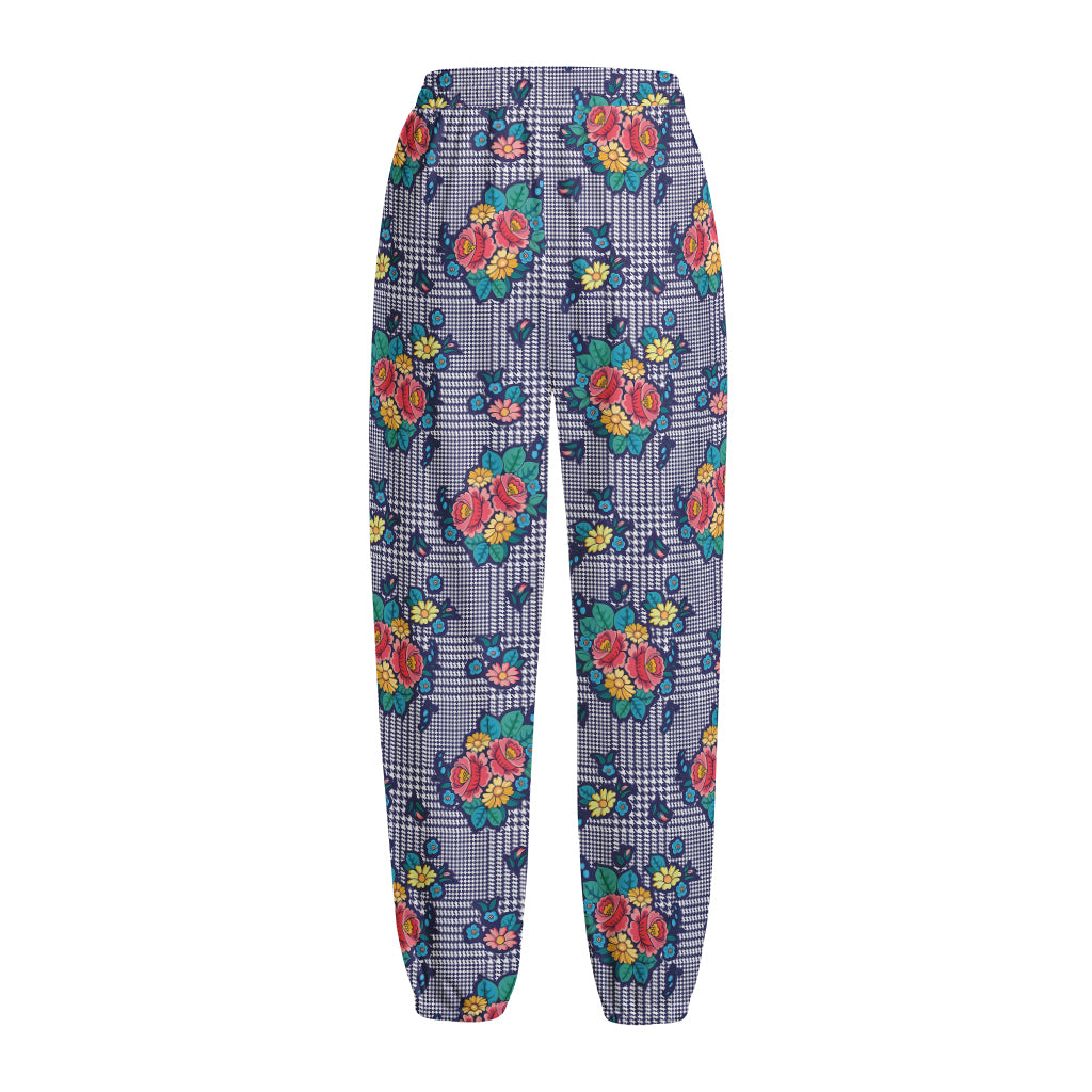 Blue And White Floral Glen Plaid Print Fleece Lined Knit Pants