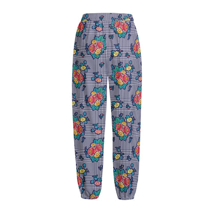 Blue And White Floral Glen Plaid Print Fleece Lined Knit Pants