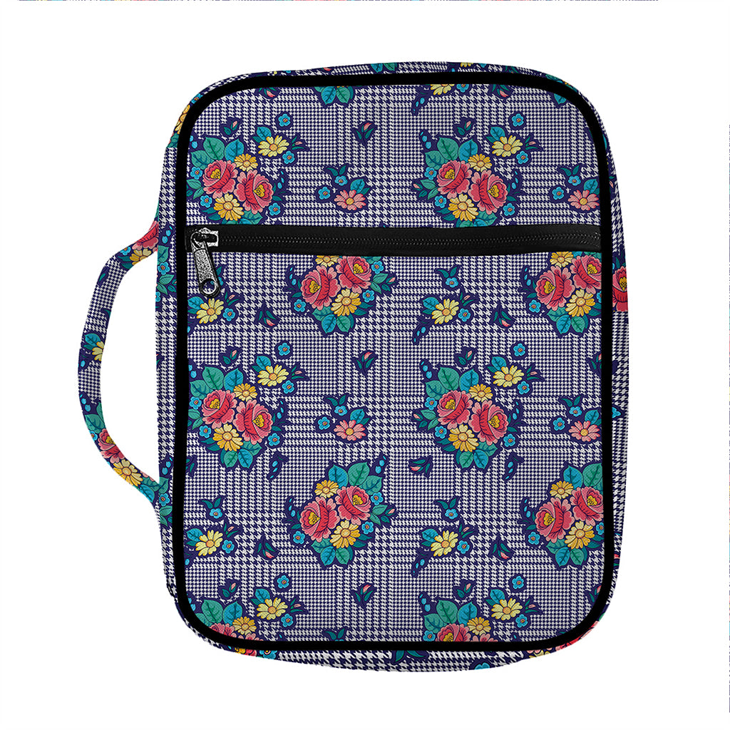 Blue And White Floral Glen Plaid Print Front Pocket Bible Bag