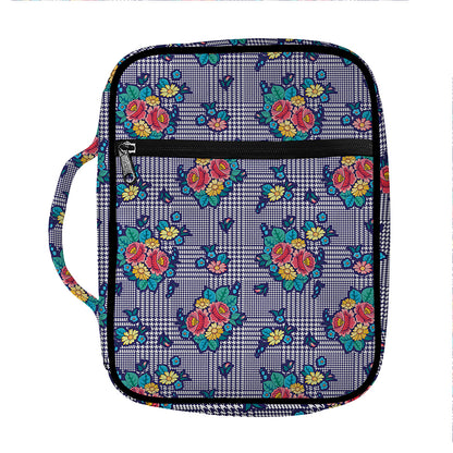 Blue And White Floral Glen Plaid Print Front Pocket Bible Bag