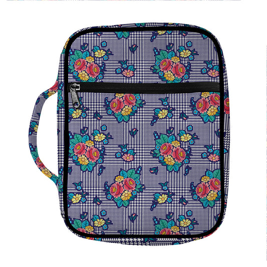 Blue And White Floral Glen Plaid Print Front Pocket Bible Bag