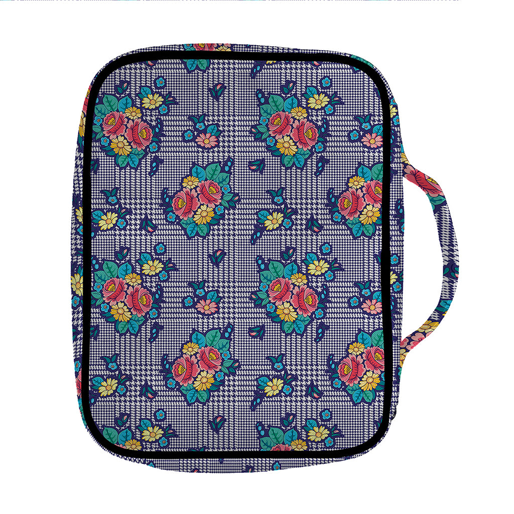 Blue And White Floral Glen Plaid Print Front Pocket Bible Bag