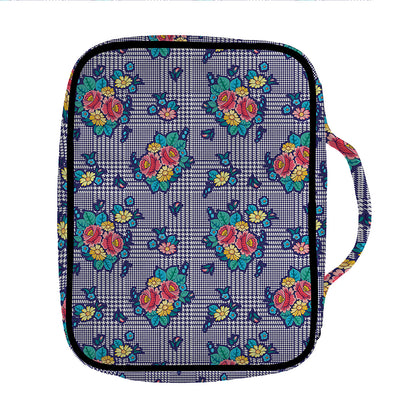 Blue And White Floral Glen Plaid Print Front Pocket Bible Bag