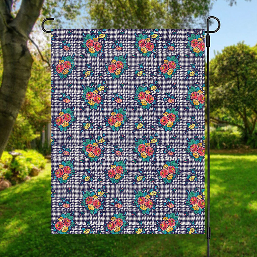 Blue And White Floral Glen Plaid Print Garden Flag