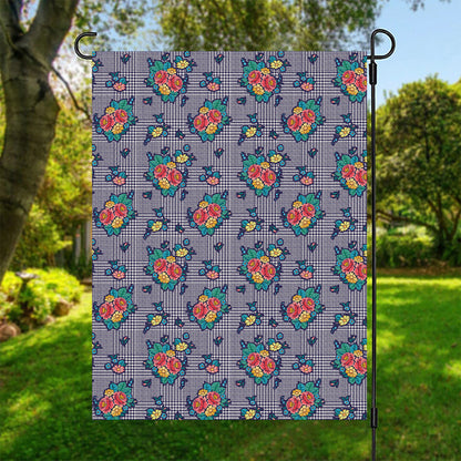 Blue And White Floral Glen Plaid Print Garden Flag