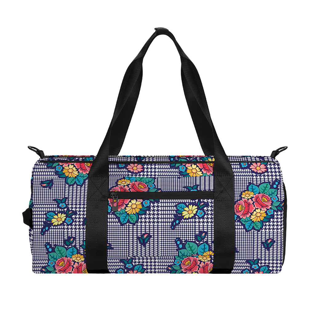 Blue And White Floral Glen Plaid Print Gym Bag