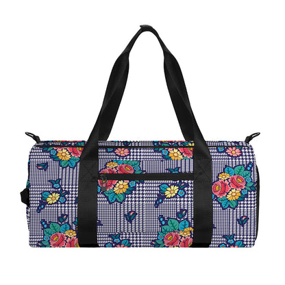 Blue And White Floral Glen Plaid Print Gym Bag
