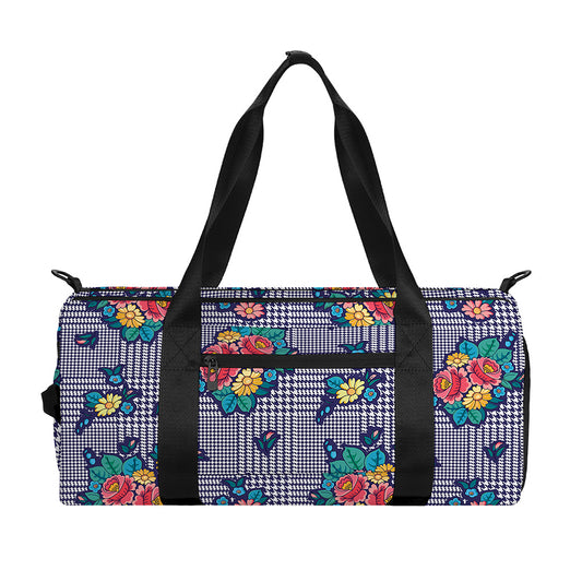 Blue And White Floral Glen Plaid Print Gym Bag