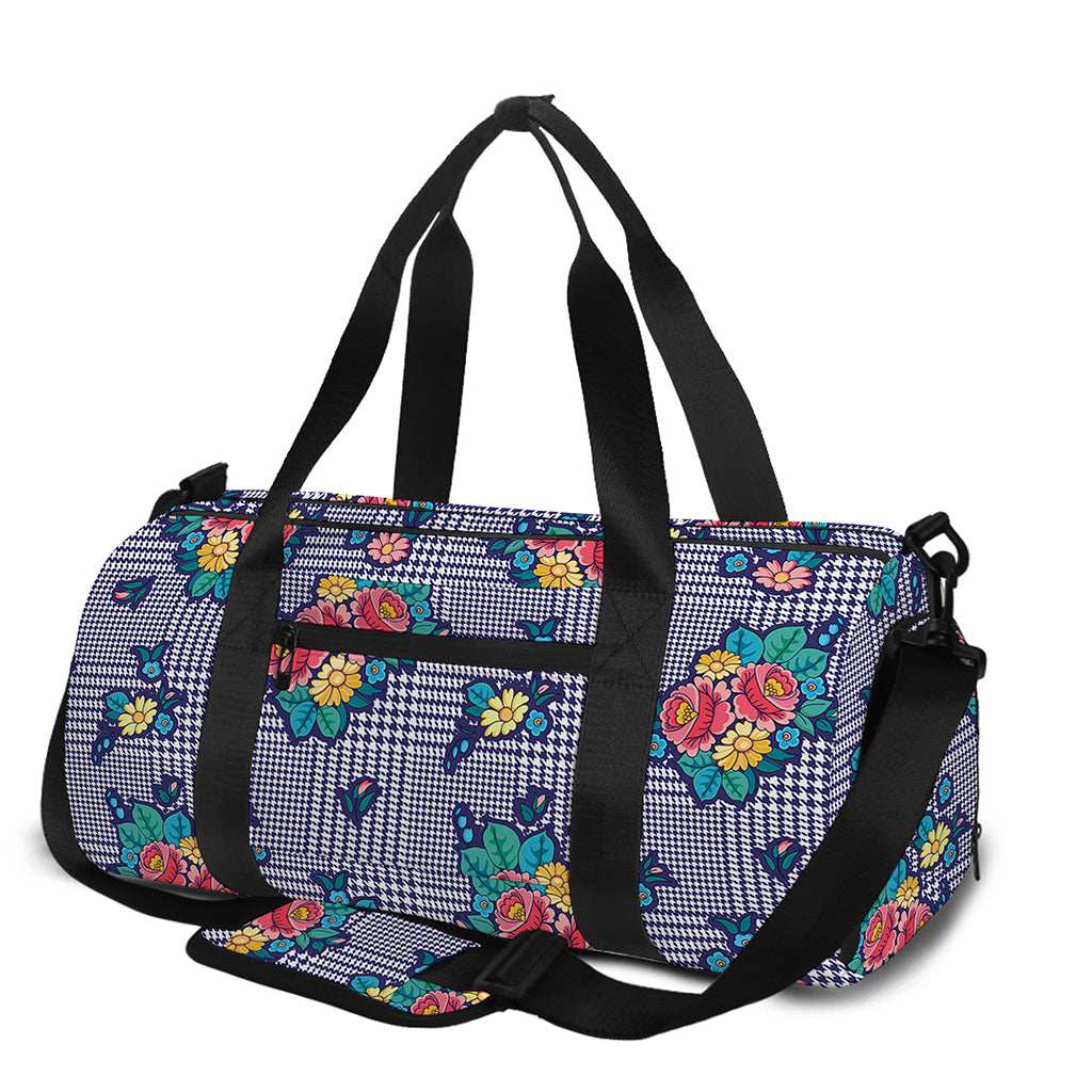 Blue And White Floral Glen Plaid Print Gym Bag