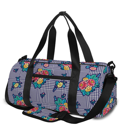Blue And White Floral Glen Plaid Print Gym Bag