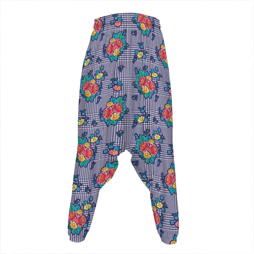 Blue And White Floral Glen Plaid Print Hammer Pants