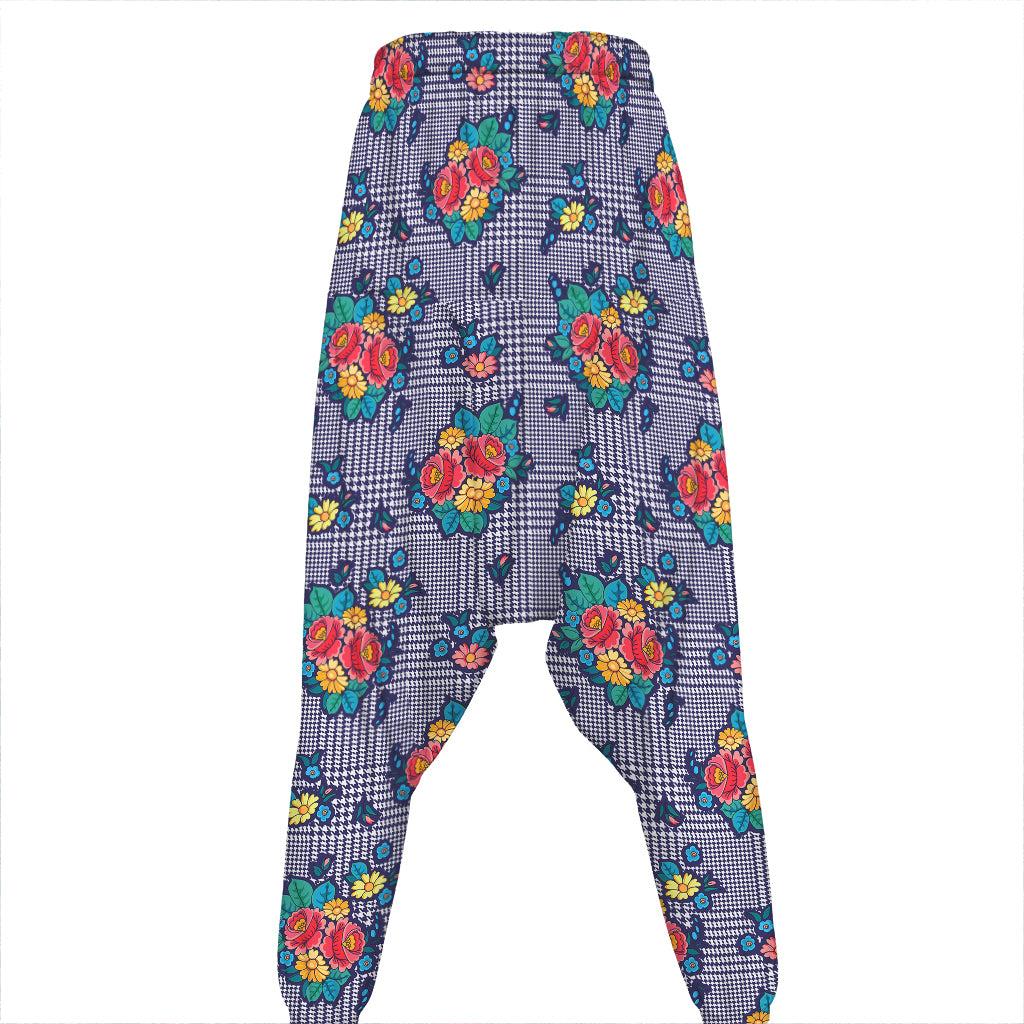 Blue And White Floral Glen Plaid Print Hammer Pants
