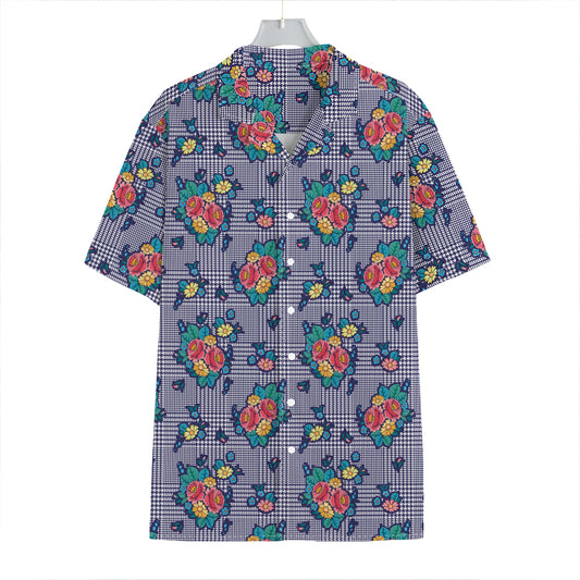 Blue And White Floral Glen Plaid Print Hawaiian Shirt
