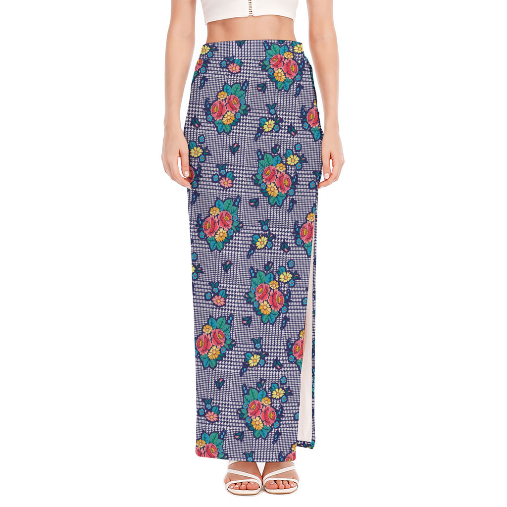 Blue And White Floral Glen Plaid Print High Slit Maxi Skirt