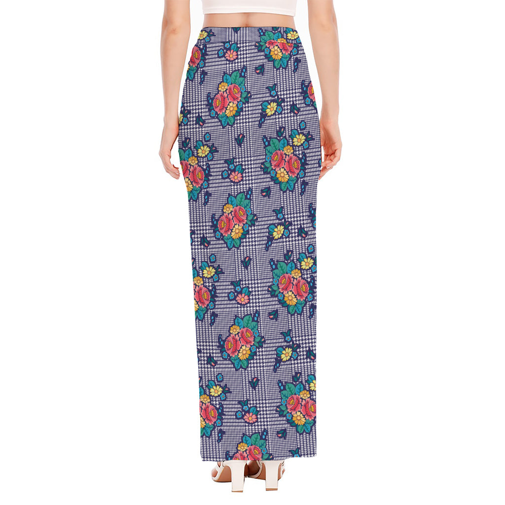 Blue And White Floral Glen Plaid Print High Slit Maxi Skirt
