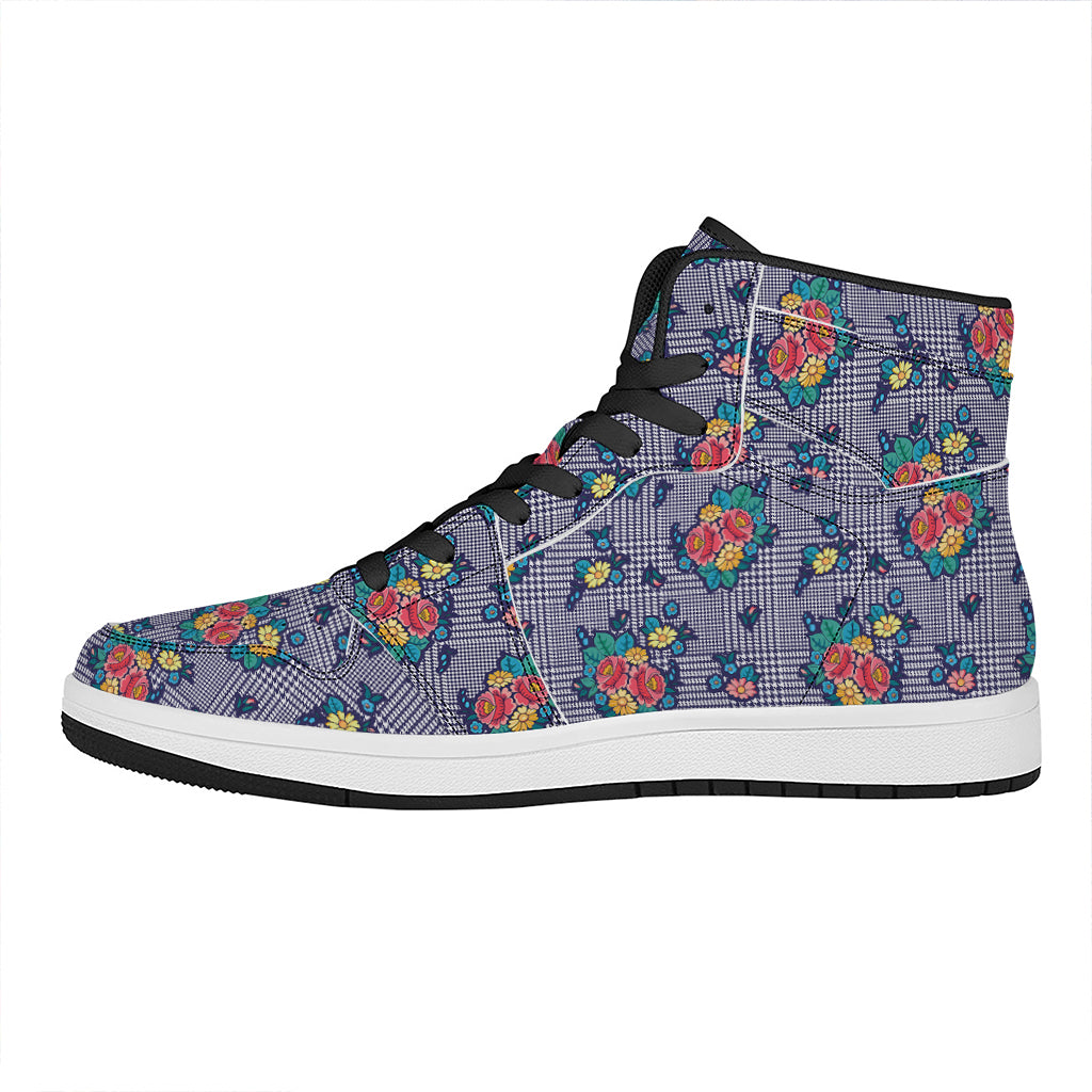 Blue And White Floral Glen Plaid Print High Top Leather Sneakers
