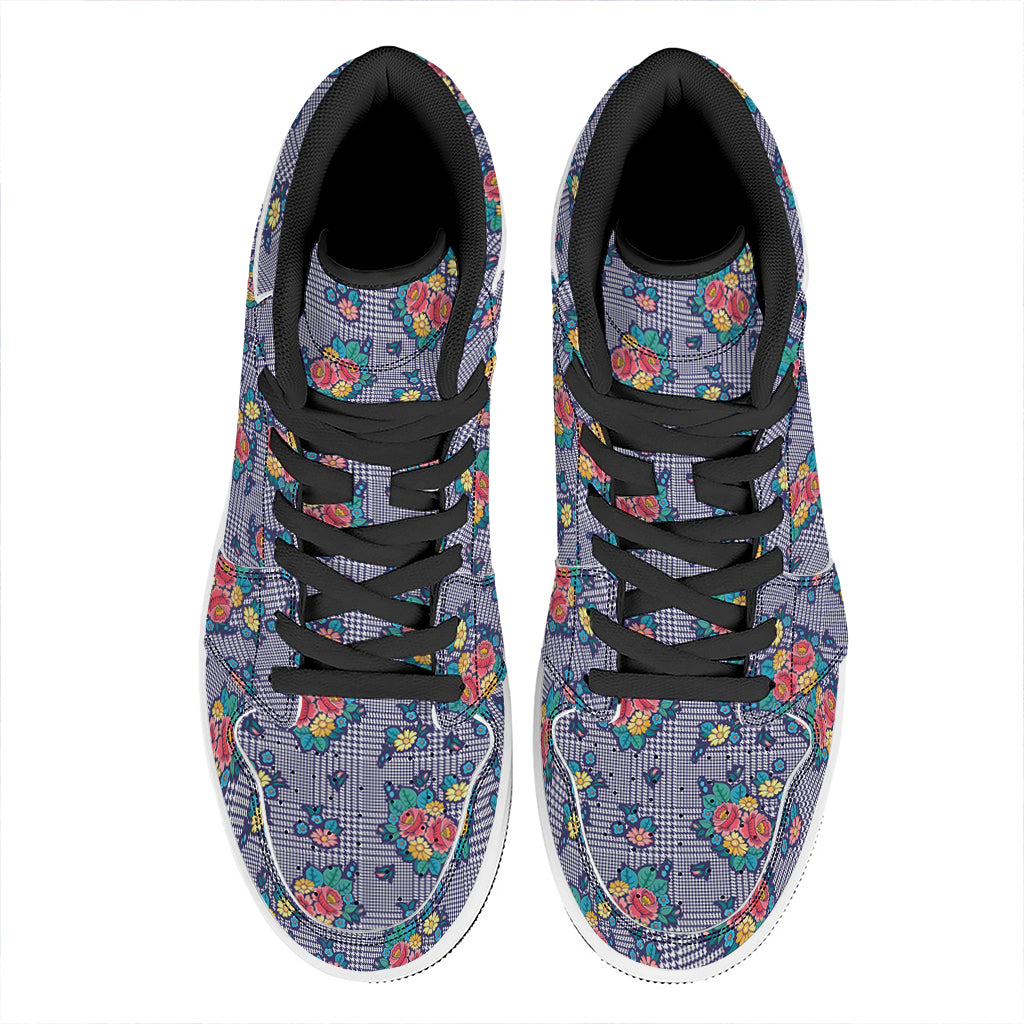 Blue And White Floral Glen Plaid Print High Top Leather Sneakers