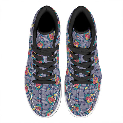 Blue And White Floral Glen Plaid Print High Top Leather Sneakers