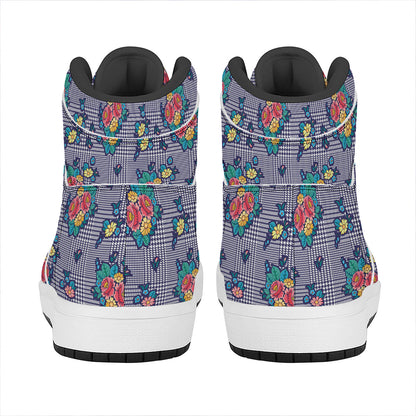 Blue And White Floral Glen Plaid Print High Top Leather Sneakers