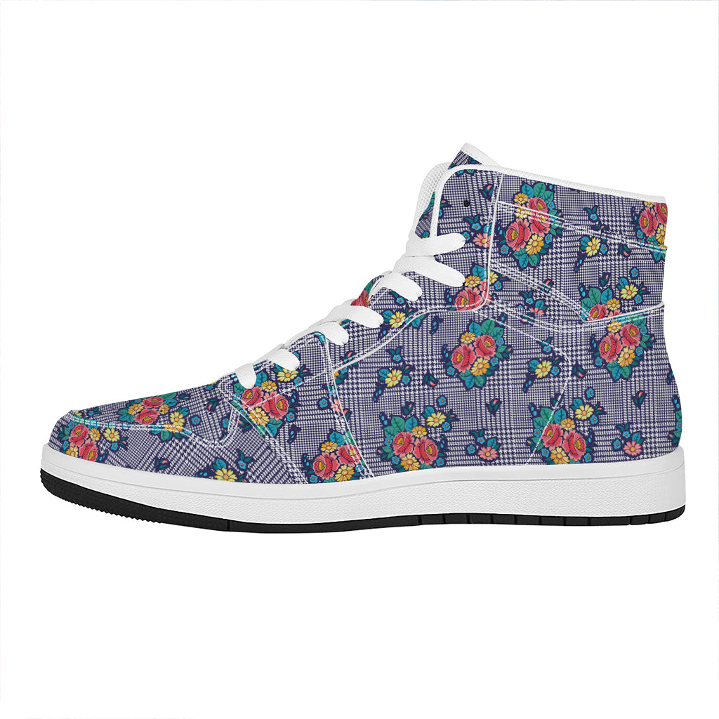 Blue And White Floral Glen Plaid Print High Top Leather Sneakers