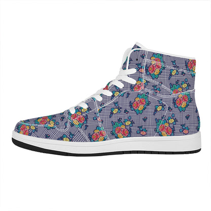 Blue And White Floral Glen Plaid Print High Top Leather Sneakers