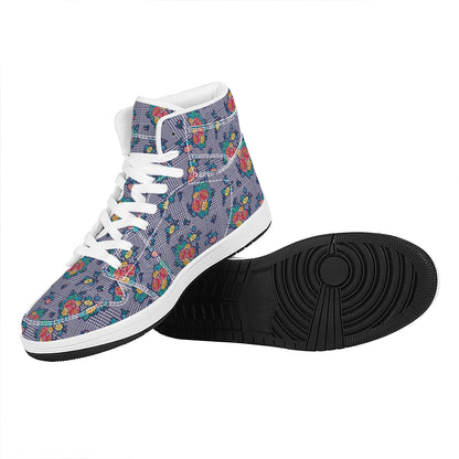 Blue And White Floral Glen Plaid Print High Top Leather Sneakers