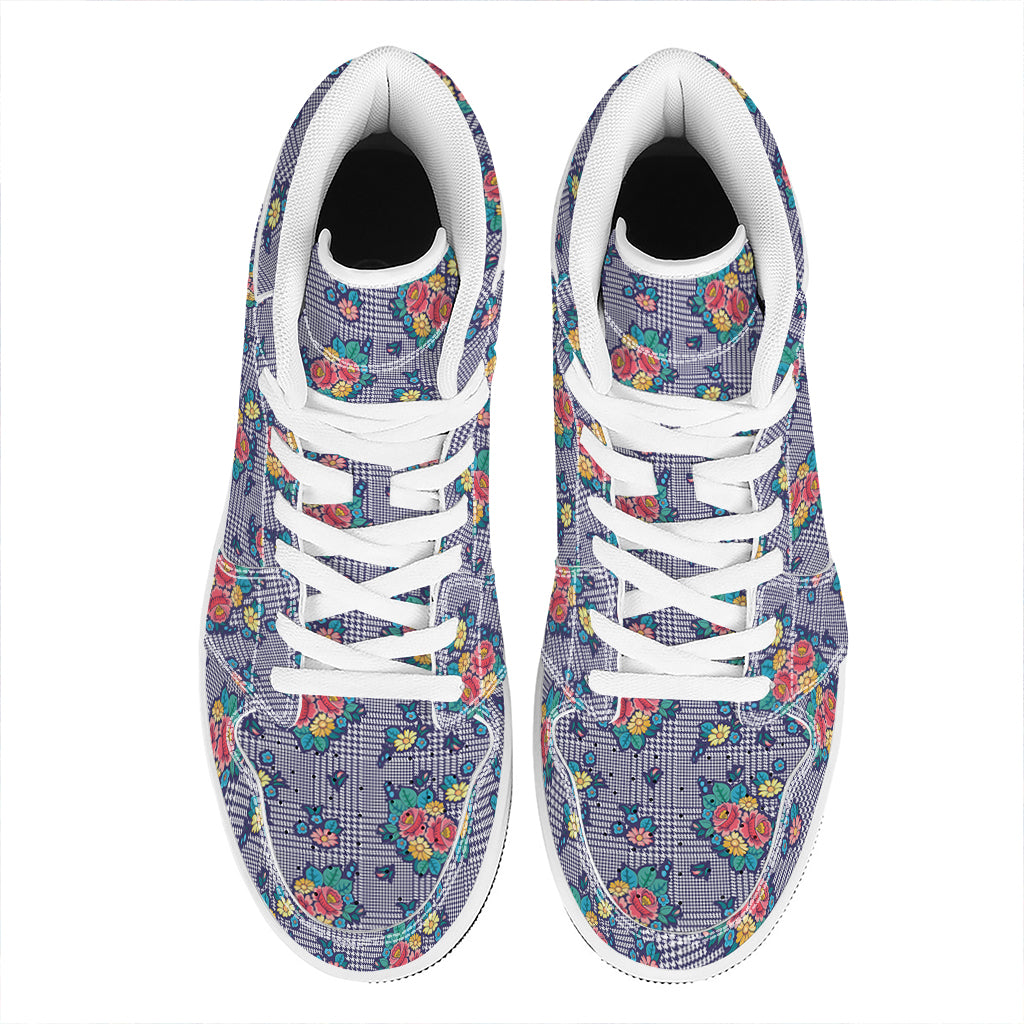 Blue And White Floral Glen Plaid Print High Top Leather Sneakers