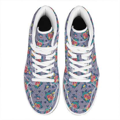 Blue And White Floral Glen Plaid Print High Top Leather Sneakers