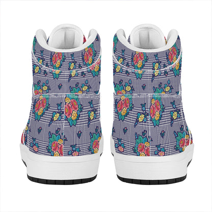Blue And White Floral Glen Plaid Print High Top Leather Sneakers