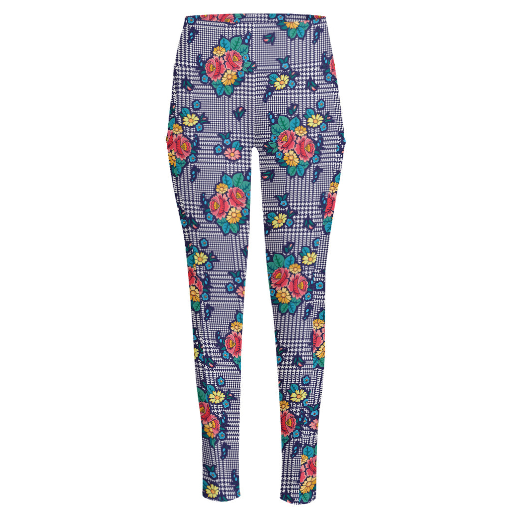 Blue And White Floral Glen Plaid Print High-Waisted Pocket Leggings
