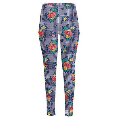 Blue And White Floral Glen Plaid Print High-Waisted Pocket Leggings