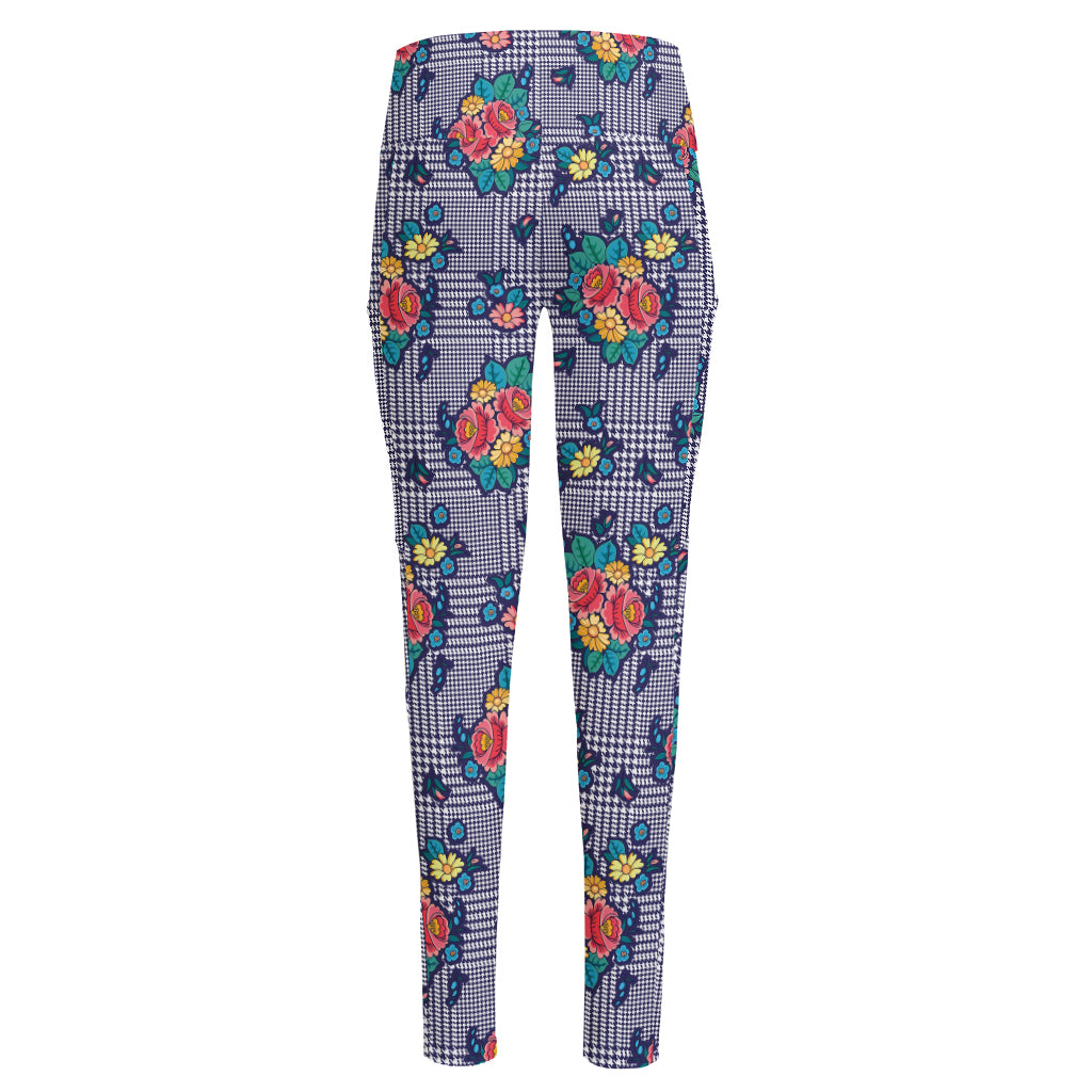 Blue And White Floral Glen Plaid Print High-Waisted Pocket Leggings
