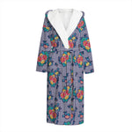Blue And White Floral Glen Plaid Print Hooded Bathrobe
