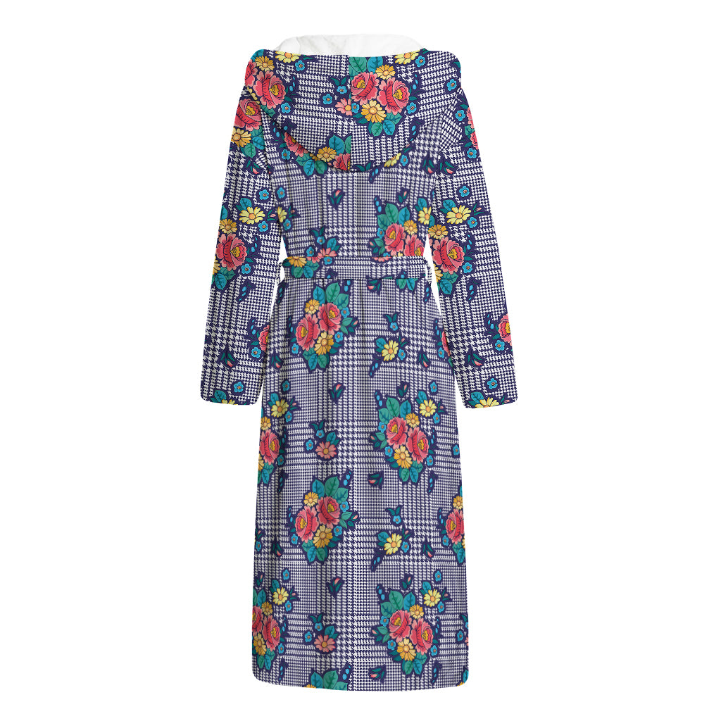 Blue And White Floral Glen Plaid Print Hooded Bathrobe