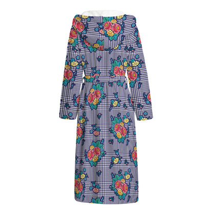 Blue And White Floral Glen Plaid Print Hooded Bathrobe