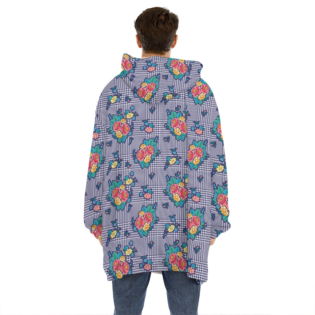 Blue And White Floral Glen Plaid Print Hoodie Blanket