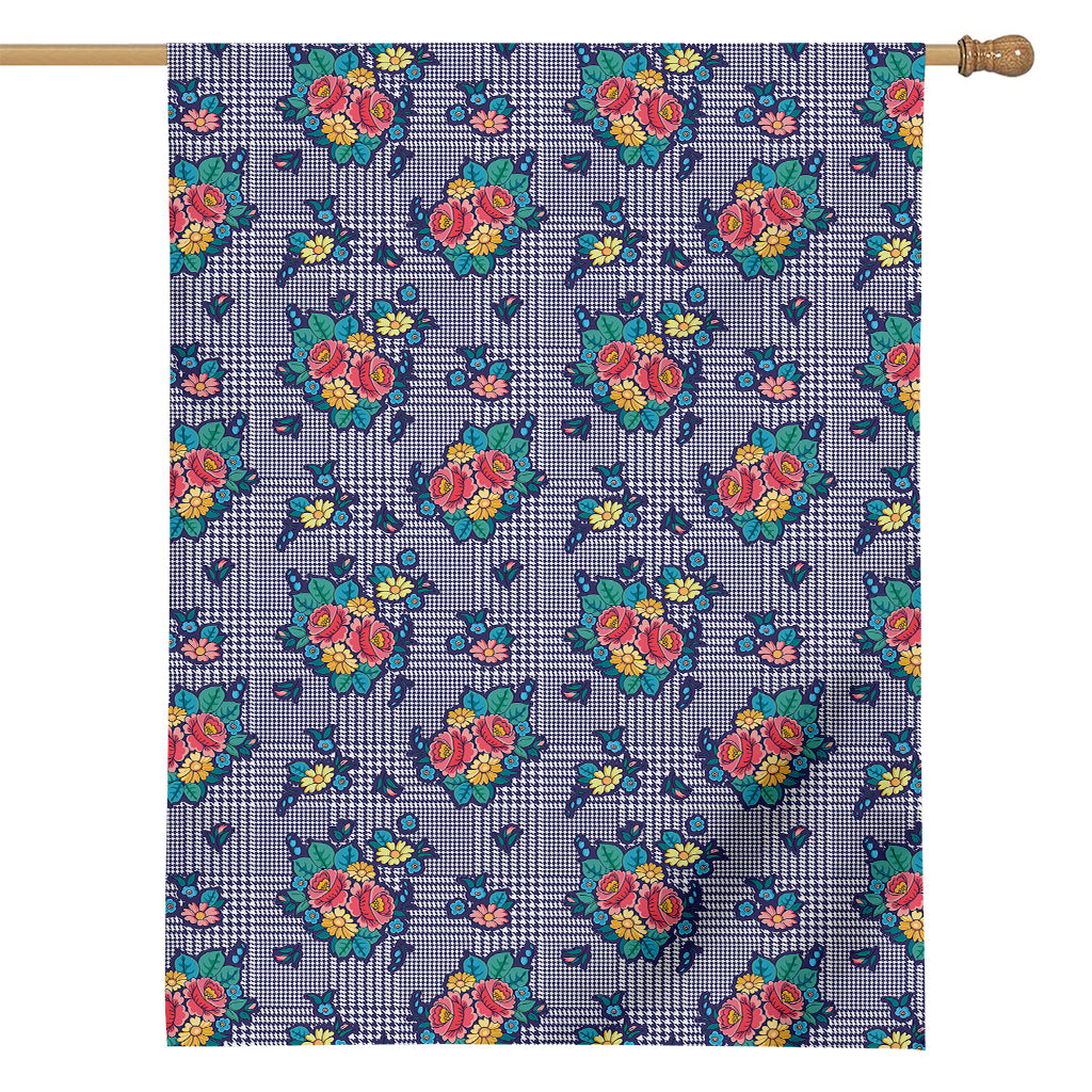 Blue And White Floral Glen Plaid Print House Flag