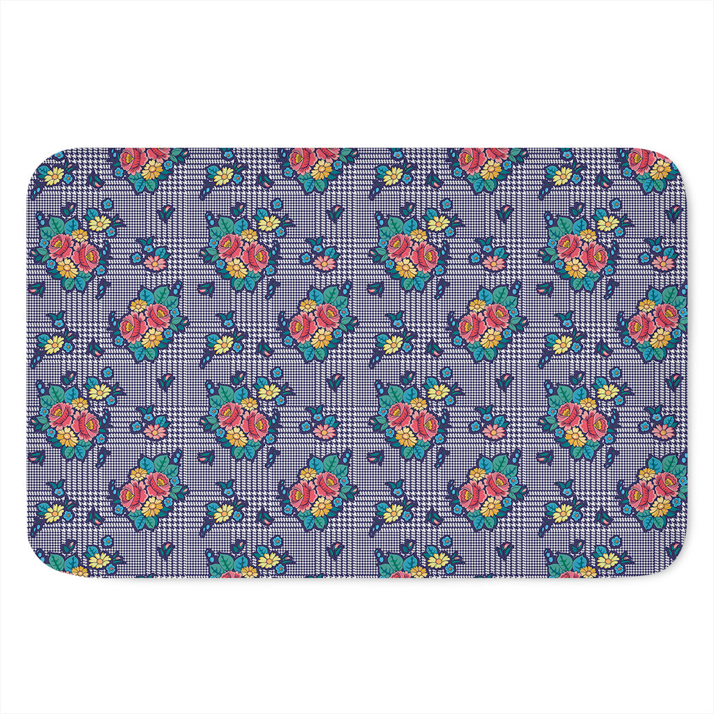 Blue And White Floral Glen Plaid Print Indoor Door Mat