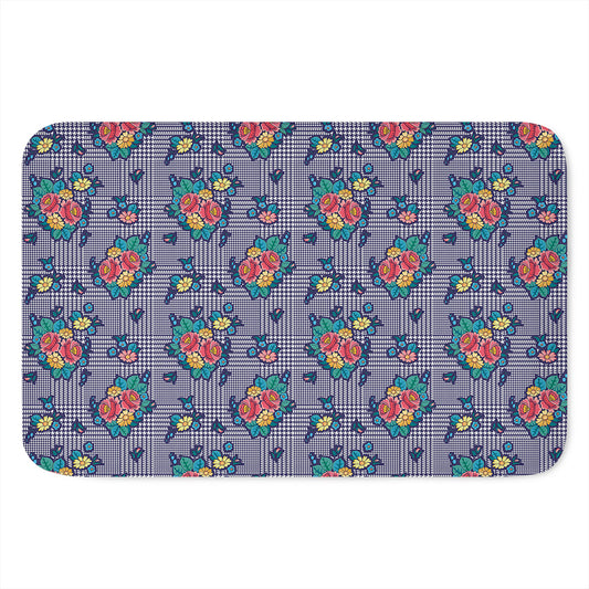 Blue And White Floral Glen Plaid Print Indoor Door Mat