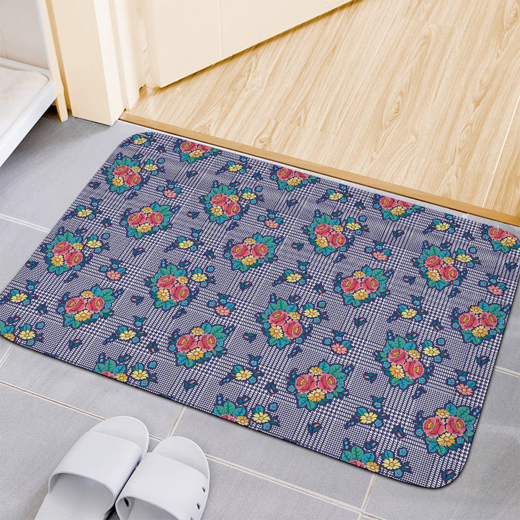 Blue And White Floral Glen Plaid Print Indoor Door Mat