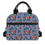 Blue And White Floral Glen Plaid Print Insulated Lunch Bag