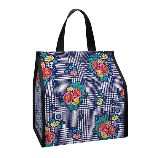 Blue And White Floral Glen Plaid Print Insulated Lunch Tote