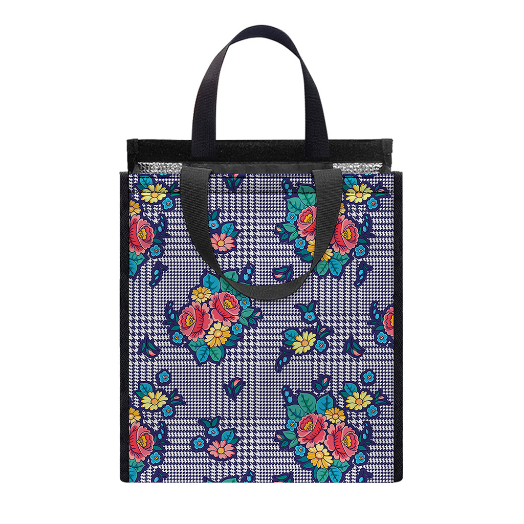 Blue And White Floral Glen Plaid Print Insulated Lunch Tote