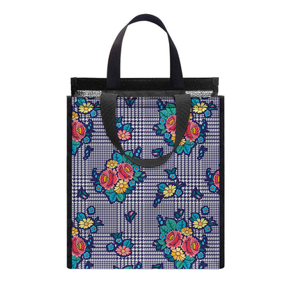 Blue And White Floral Glen Plaid Print Insulated Lunch Tote
